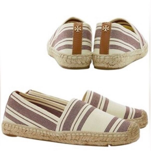 Tory Burch Striped Ivory, Plum, Tan Elastic Espadrilles Flats! ❤️ - Picture 9 of 9